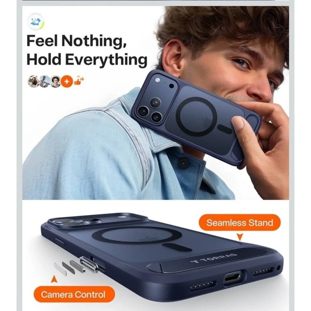 TORRAS Strong Magnetic & Seamless Stand for iPhone 17 Pro‎ Max Case Deep Blue